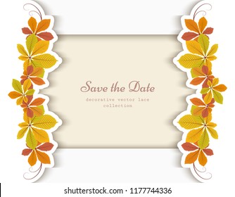 Autumn background, cutout paper frame with border ornament of yellow chestnut leaves, vector save the date card or invitation template, eps10