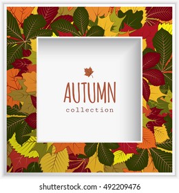 Autumn background, cutout square frame with yellow red and green fallen leaves, eps10 vector illustration