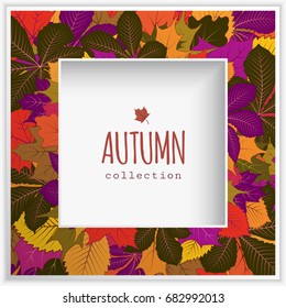 Autumn background, cutout square frame with border of colorful fallen leaves, eps10 vector illustration