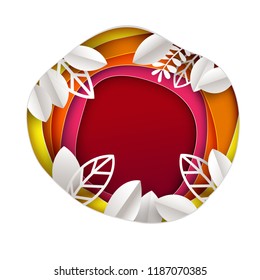 Autumn background with cycle frame paper art cut out layers and leaves design. Vector illustration. Retro background. Web banner, poster, label, invitation, card.