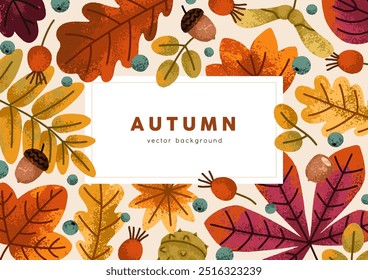 Autumn background, decorative leaf frame. Fall leaves, card design. Postcard template with seasonal forest foliage, plants, floral natural botanical elements pattern. Flat vector illustration