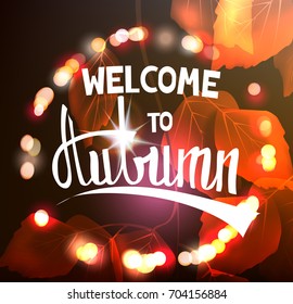 Autumn background with defocused lights and birch leaves. Vector illustration