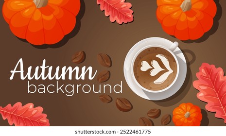 Diseño de fondo de otoño para el Anuncio, cubierta con café caliente. Los granos de café se dispersan cerca de una taza de café, la composición se complementa con calabaza y hojas