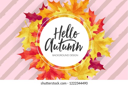 Autumn background design decorates with maple leaves, pink stripe and frame for graphic use. Vector illustration template.