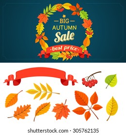 Autumn background and design elements. Frame of orange yellow fall leaves and text. 