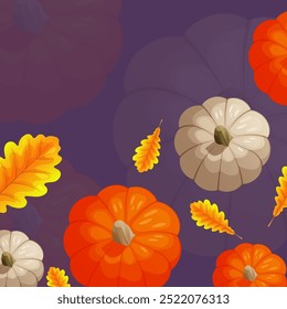 Autumn background design for stories, posters, cards with yellow autumn leaves and an orange classic pumpkin, delicate flesh-colored pumpkin. Purple background background