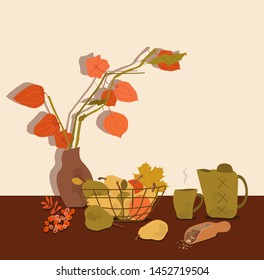 Autumn background design template.Autumn collection of items on the table with physalis, leaves, fruit, kettle and Cup. Vector illustration with autumn still life. Picture of autumn mood.