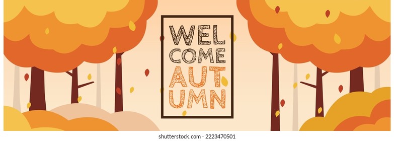 Autumn background design vector image. Autumn Scenery in Flat Design. Autumn season maple and oak leaves with greeting text in empty space background