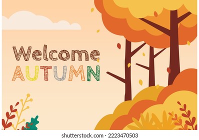 Imagen vectorial de diseño de fondo de otoño. El paisaje otoñal en el diseño plano. Hojas de arce y roble de la temporada de otoño con texto de saludo en el fondo del espacio vacío