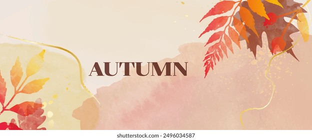Autumn background design with watercolor botanical leaves and gold. Abstract art wallpaper design for wall arts, banner and invite card.