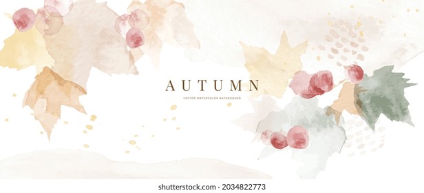 Autumn background design  with watercolor brush texture, Flower and botanical leaves watercolor hand drawing. Abstract art wallpaper design for wall arts, wedding and VIP invite card.  Vector EPS10