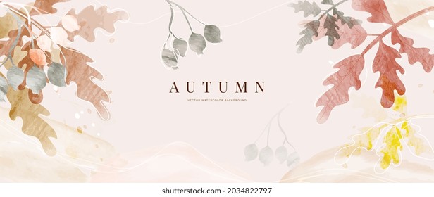 Autumn background design  with watercolor brush texture, Flower and botanical leaves watercolor hand drawing. Abstract art wallpaper design for wall arts, wedding and VIP invite card.  Vector EPS10