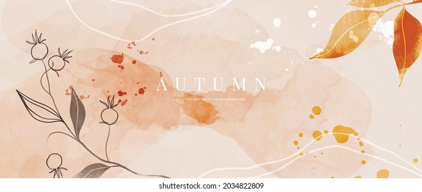 Autumn background design  with watercolor brush texture, Flower and botanical leaves watercolor hand drawing. Abstract art wallpaper design for wall arts, wedding and VIP invite card.  Vector EPS10