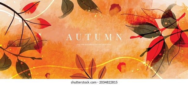 Autumn background design  with watercolor brush texture, Flower and botanical leaves watercolor hand drawing. Abstract art wallpaper design for wall arts, wedding and VIP invite card.  Vector EPS10