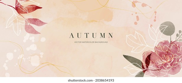 Autumn background design  with watercolor brush texture, Flower and botanical leaves watercolor hand drawing. Abstract art wallpaper design for wall arts, wedding and VIP invite card.  Vector EPS10