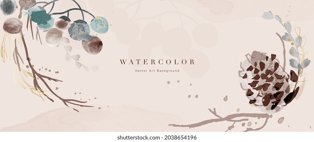 Autumn background design  with watercolor brush texture, Flower and botanical leaves watercolor hand drawing. Abstract art wallpaper design for wall arts, wedding and VIP invite card.  Vector EPS10