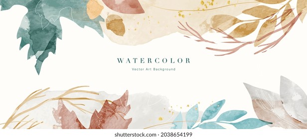 Autumn background design  with watercolor brush texture, Flower and botanical leaves watercolor hand drawing. Abstract art wallpaper design for wall arts, wedding and VIP invite card.  Vector EPS10