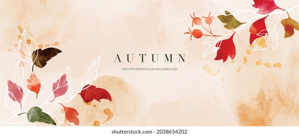 Autumn background design  with watercolor brush texture, Flower and botanical leaves watercolor hand drawing. Abstract art wallpaper design for wall arts, wedding and VIP invite card.  Vector EPS10