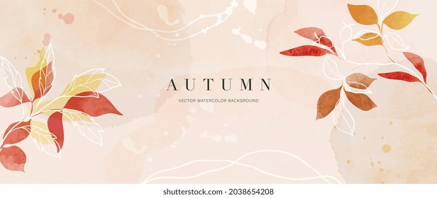 Autumn background design  with watercolor brush texture, Flower and botanical leaves watercolor hand drawing. Abstract art wallpaper design for wall arts, wedding and VIP invite card.  Vector EPS10