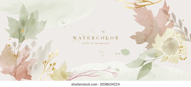 Autumn background design  with watercolor brush texture, Flower and botanical leaves watercolor hand drawing. Abstract art wallpaper design for wall arts, wedding and VIP invite card.  Vector EPS10