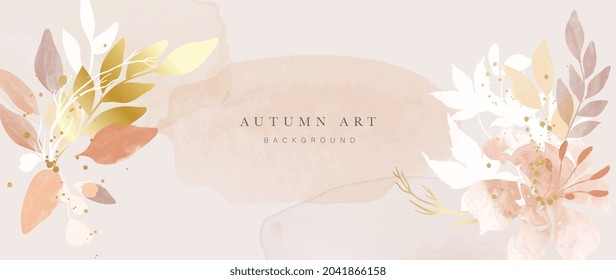 Autumn background design  with watercolor brush texture, Flower and botanical leaves watercolor hand drawing. Abstract art wallpaper design for wall arts, wedding and VIP invite card.  Vector EPS10