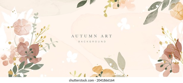 Autumn background design  with watercolor brush texture, Flower and botanical leaves watercolor hand drawing. Abstract art wallpaper design for wall arts, wedding and VIP invite card.  Vector EPS10