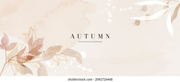 Autumn background design with watercolor brush texture, Flower and botanical leaves watercolor hand drawing. Abstract art wallpaper design for wall arts, wedding and VIP invite card. Vector EPS10