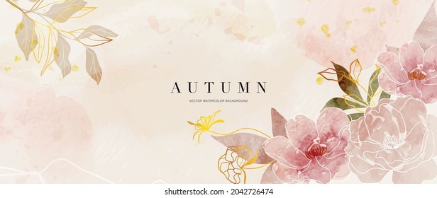 Autumn background design with watercolor brush texture, Flower and botanical leaves watercolor hand drawing. Abstract art wallpaper design for wall arts, wedding and VIP invite card. Vector EPS10