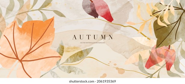 Autumn background design  with watercolor brush texture, Flower and botanical leaves watercolor hand drawing. Abstract art wallpaper design for wall arts, wedding and VIP invite card.  Vector EPS10