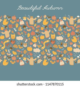 Autumn background with doodle style isolated images of cartoon plants clothes food and childish animal characters vector illustration