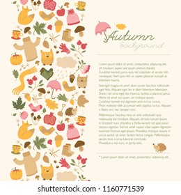Autumn background with doodle style vertical composition of isolated fall cartoon images and place for editable text vector illustration