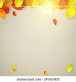 Autumn background with dots, leaves in low-poly triangular style and sun