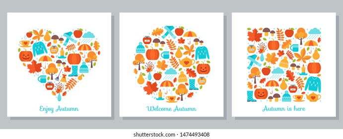 Autumn background with autumn elements stylized in shapes of circle, heart and square. Vector. Creative template card on white. Flat design. Set of fall leaves decoration banners. Cartoon illustration