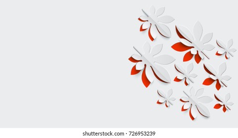 Autumn background with embossed, cutted and folded fall leaves. Paper cut art style vector illustration. Seasonal banner or greeting card template with copy space for text.