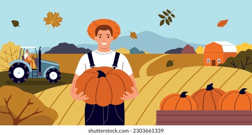 Autumn background with fall and harvest symbols flat vector illustration