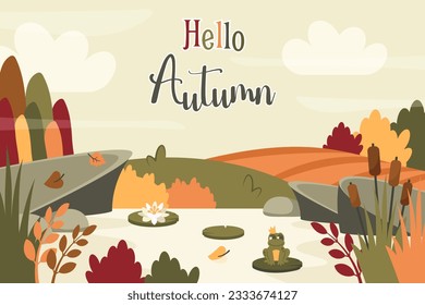 Autumn background. Fall landscape with field, yellow meadow, river, frog, reed, stone, water lilies in a pond. Nature template. Vector cartoon illustration for banner, poster, cover, greeting card