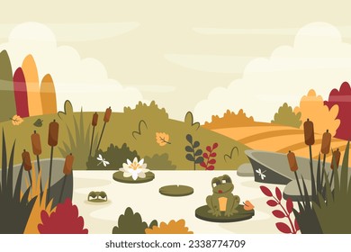 Autumn background. Fall landscape with field, yellow meadow, river, frog, reed, stone, water lilies in a pond. Nature template. Vector cartoon illustration for banner, poster, cover, greeting card