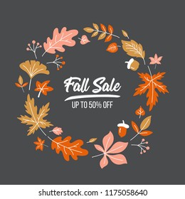 Autumn background with fall leaves in round design. Vector illustration