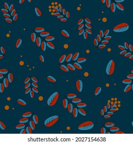 Autumn background, fall leaves, rowan berries. Seamless vector background for advertising, sales in orange and brown colors, on a blue background.