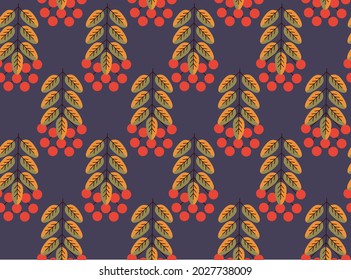 Autumn background, fall leaves, rowan berries. Seamless vector background for advertising, sales in orange and brown colors, on blue background.