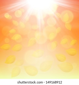 Autumn background with fall of the leaves and the sun. EPS10 vector.