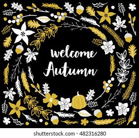 autumn background with fall leaves and text. vector illustration