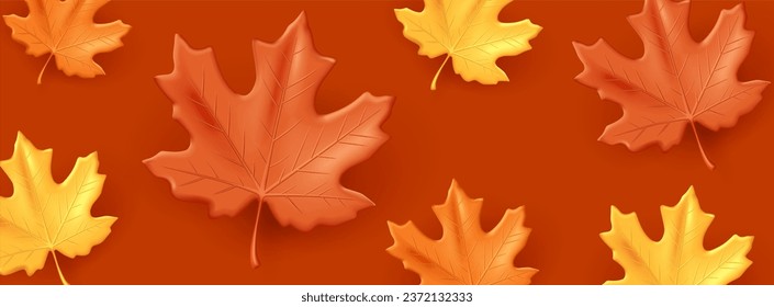 Autumn background with fall maple leaves in brown and yellow with orange colors, 3d volume graphic element illustration