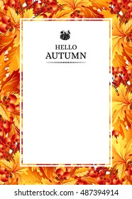 Autumn background with fall maple tree leaves and rowanberry. Vertical vector  invitation banners with season foliage decorations and copy space