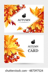 Autumn background with fall maple tree leaves and rowanberry. Horizontal vector banners with season foliage decorations and copy space