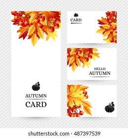 Autumn background with fall maple tree leaves and rowanberry. Vector  banners with season foliage decorations and copy space