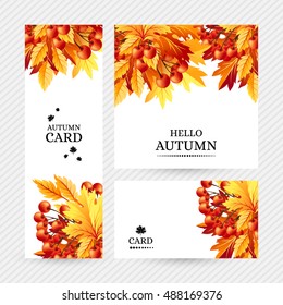 Autumn background with fall maple tree leaves and rowanberry. Vector  banners with season foliage decorations and copy space