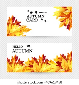 Autumn background with fall maple tree leaves. Horizontal vector banners with season foliage decorations and copy space