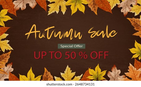 Autumn Background for Fall seasonal special discounts in stores.Sale promotion templates with Autumn leaves.Vector dry leaf on grainy texture on brown background for Flyer,Banner,Social media