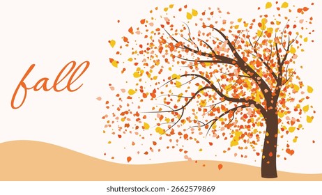 Fondo de otoño con el árbol de otoño y las hojas coloridas que soplan en el viento